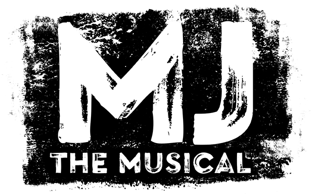 Logo for MJ The Musical, featuring the letters MJ in bold, black, brushstroke lettering above the words THE MUSICAL, representing the Broadway show about Michael Jackson.