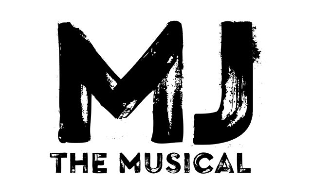 Logo for MJ The Musical, featuring the letters MJ in bold, black, brushstroke lettering above the words THE MUSICAL, representing the Broadway show about Michael Jackson.