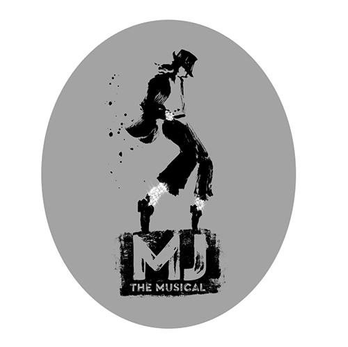 A black ink-style illustration of Michael Jackson, the main character of the show, dancing on top of the MJ The Musical logo.